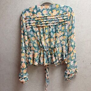 Free People Womens Teal Floral Ruffle Tie Front Cottagecore Boho Feminine Blouse
